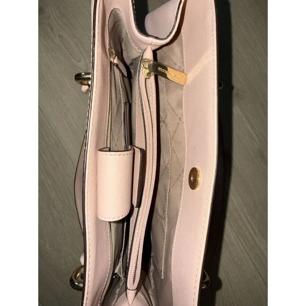 Michael Kors Blush Pink Saffiano Structured Tote Satchel MK Charm Gold Tone